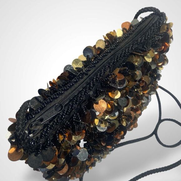Black Evening Bag Beaded Purse Silver Gold Sequins Shoulder Bag 7.5 x 5.5" - Picture 4 of 7